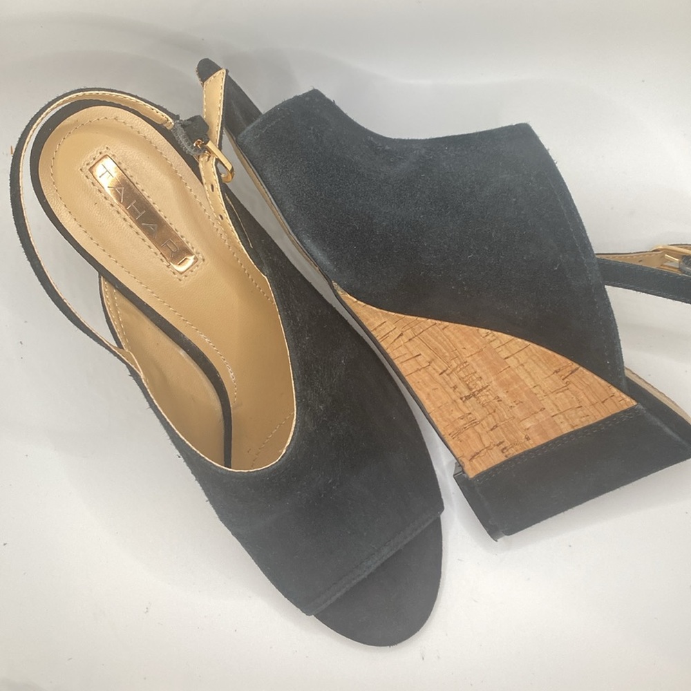 Tahari Vander sling back open toe black faux suede and cork wedges 8 1/2
